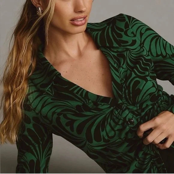 Anthropologie Maeve Green and Black Printed Long Sleeve Top - Picture 2 of 6